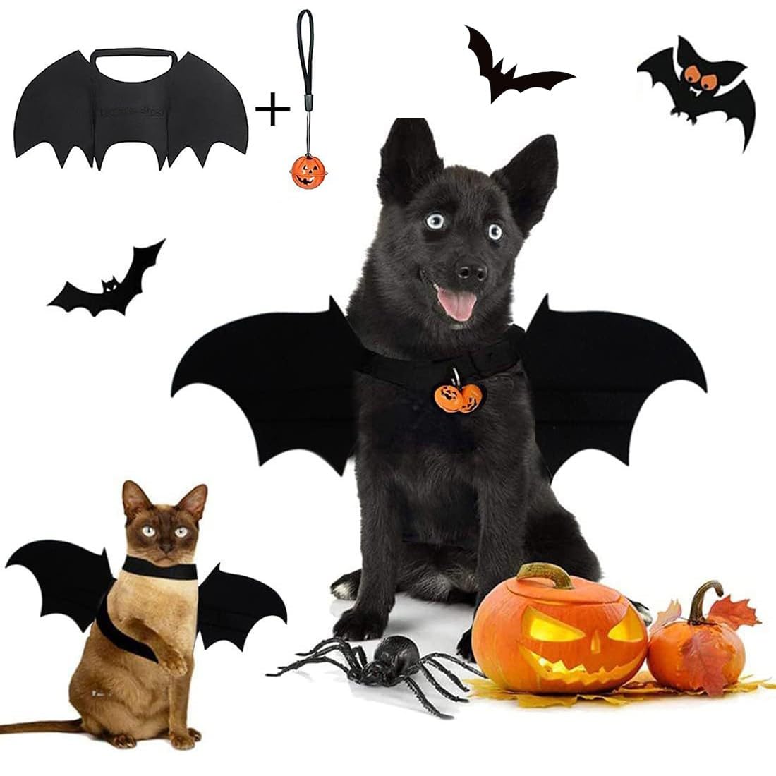 LSOJFE Disfraz de murciélago para Mascotas, Disfraz de murciélago de Gato, alas de murciélago para Perro, Disfraz de murciélago de Halloween, alas para Mascotas con Calabaza