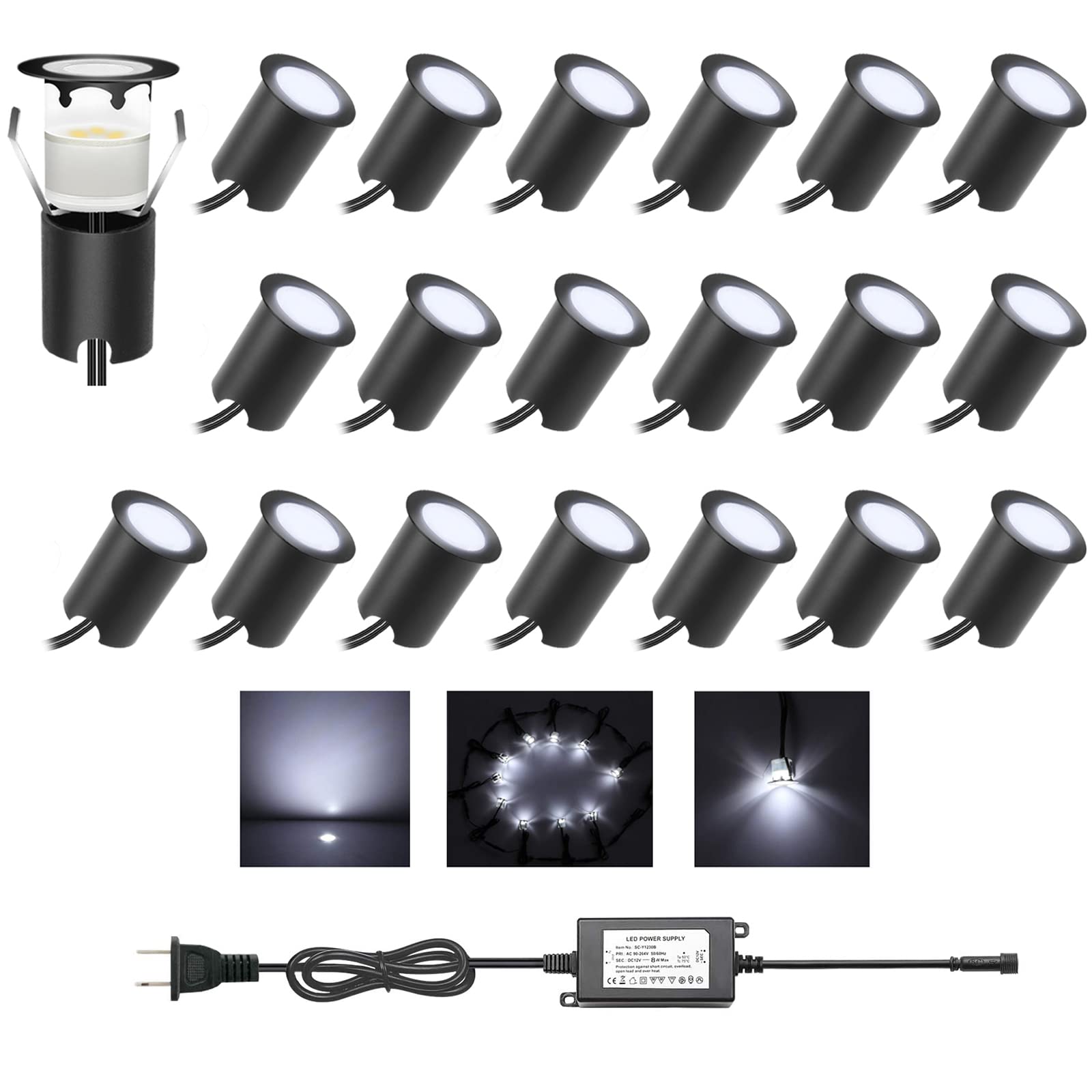 YZGWZLD Recessed LED Deck Lights Kits with Protecting Shell,20Pack ?1.18 IP67 Waterproof 12V Low Voltage Embedded Step Stair Cool White Outdoor Landscape LED Lighting for Yard,Garden,Floor,Entryways