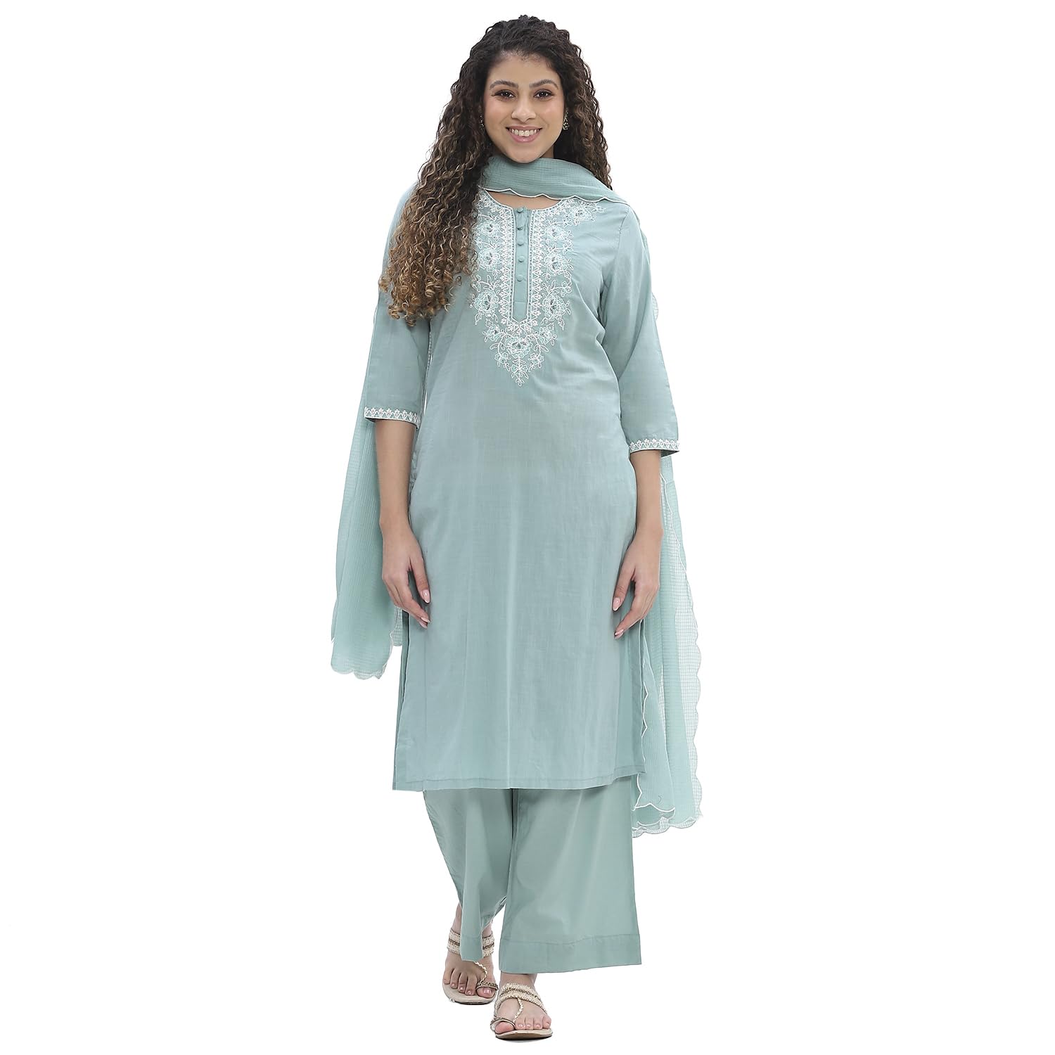 Women Cotton Straight Embroidered Suit Set-image-42