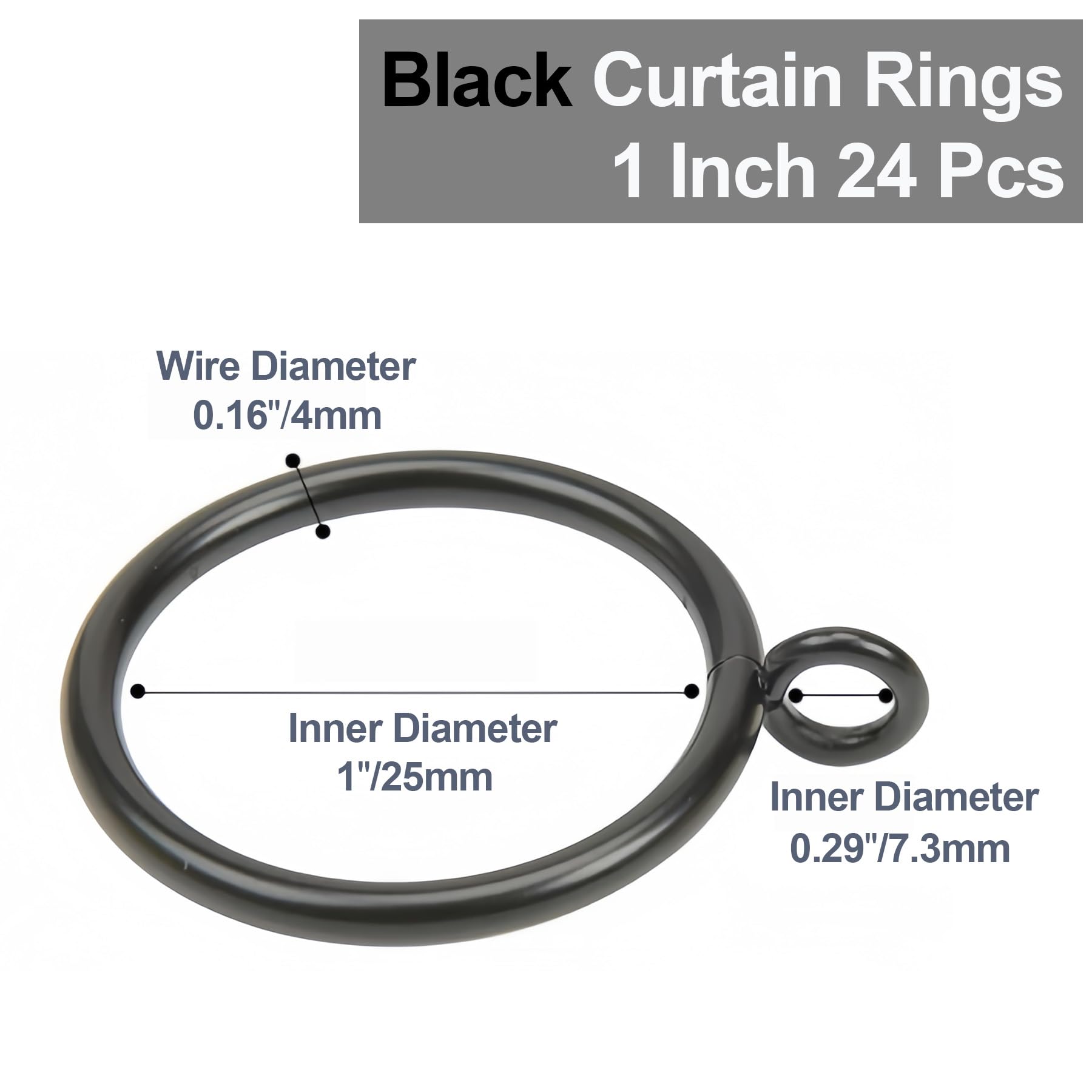 LEPEVNEY Black Curtain Rings Metal Drapery Rings for Curtain Rods, Inner Diameter 1 Inch 24 Pcs