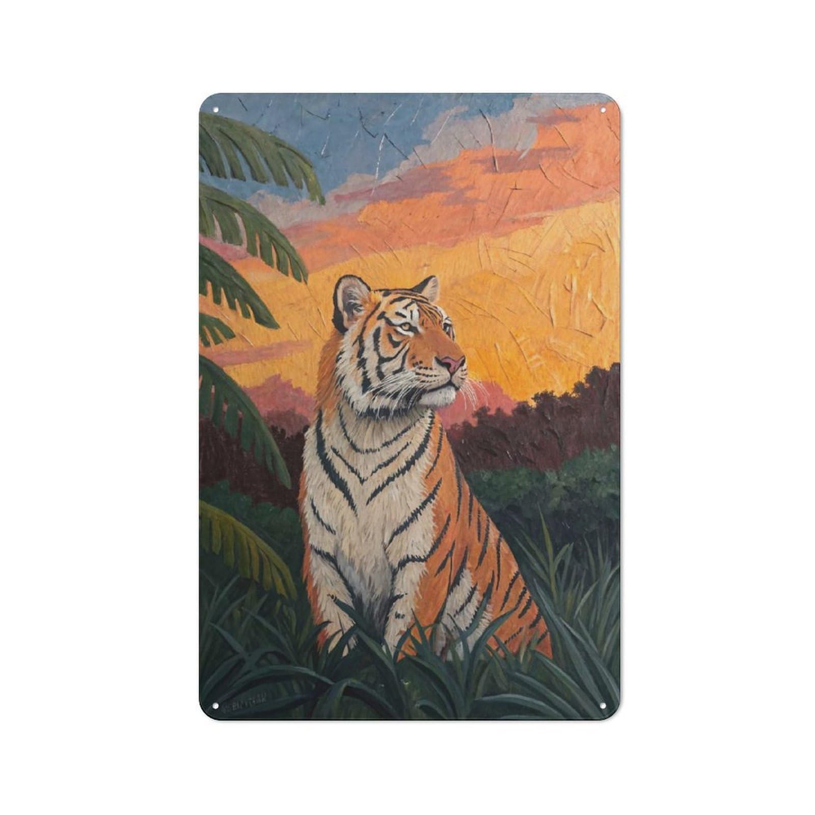 Urban Metal Wall Art Sign 30x20cm Featuring Tiger in Jungle Sunset, Studio Wall Art for Modern Home, Workshop, Office Or Cafe