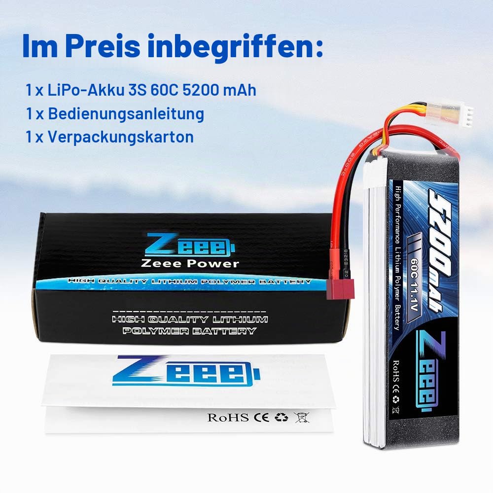 Zeee 3S LiPo Akku 11,1V 5200mAh 60C RC Batterie mit T Stecker(2 Packungen) | RC Batterie für RC Car RC Truck RC Auto Boot Helicopter LKW Truggy RC Hobby