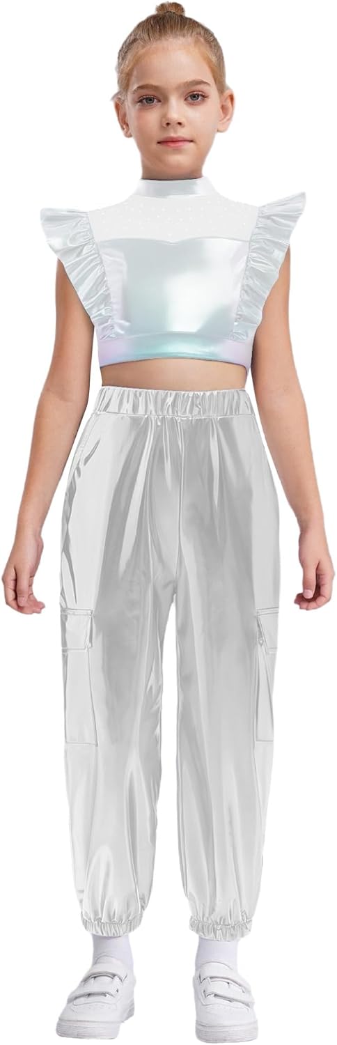 Kids Girls Gymnastics Sportwear Hip-hop Jazz Dance Suit Metallic Ruffle Tank Top and Pants Set