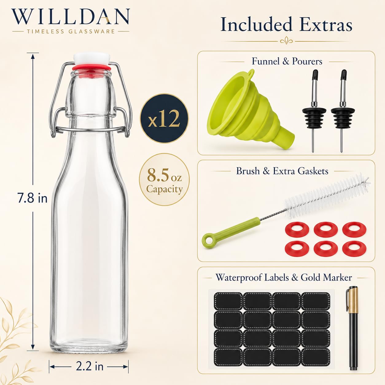 WILLDAN Juego de 12 botellas de vidrio de 8.5 onzas con tapa abatible para kombucha, kéfir, extracto de vainilla, cerveza, tapas herméticas y tapas a prueba de fugas, juntas y embudo adicionales