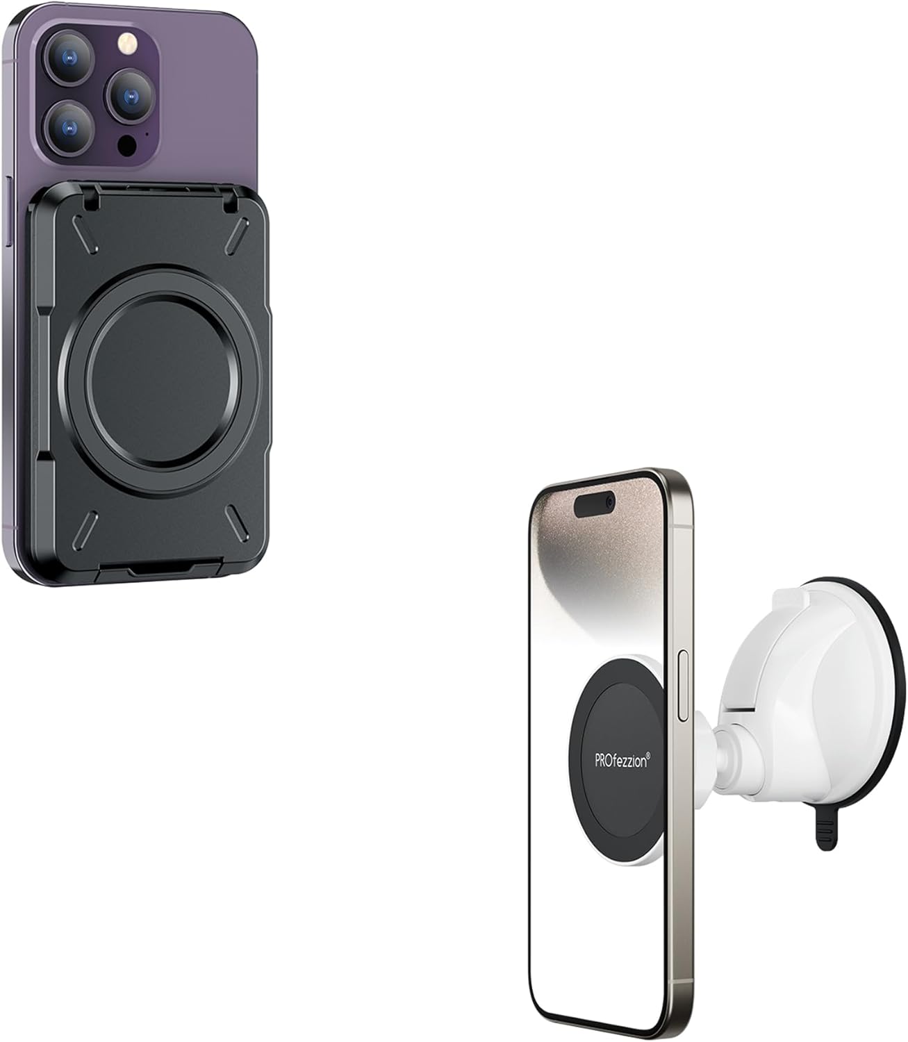 PROfezzion Magnetic Shower Mirror Phone Holder + Magnetic Wallet RFID Blocking MagSafe Card Holder