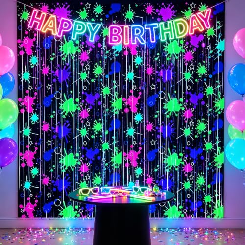 Image of TONIFUL 2Pcs Black Fluorescent Splatter Star Metallic Foil Fringe Curtains | 3.3ftx6.6ft Neon Glow Birthday Party Tinsel Streamers Backdrop for Halloween Bachelorette Graduation Homecoming Decorations