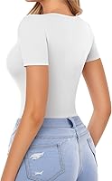 Vista 14 de MANGOPOP Long Short Sleeve Bodysuits for Women Scoop Neck Ribbed Body Suit Stretchy Basic T Shirt Tops