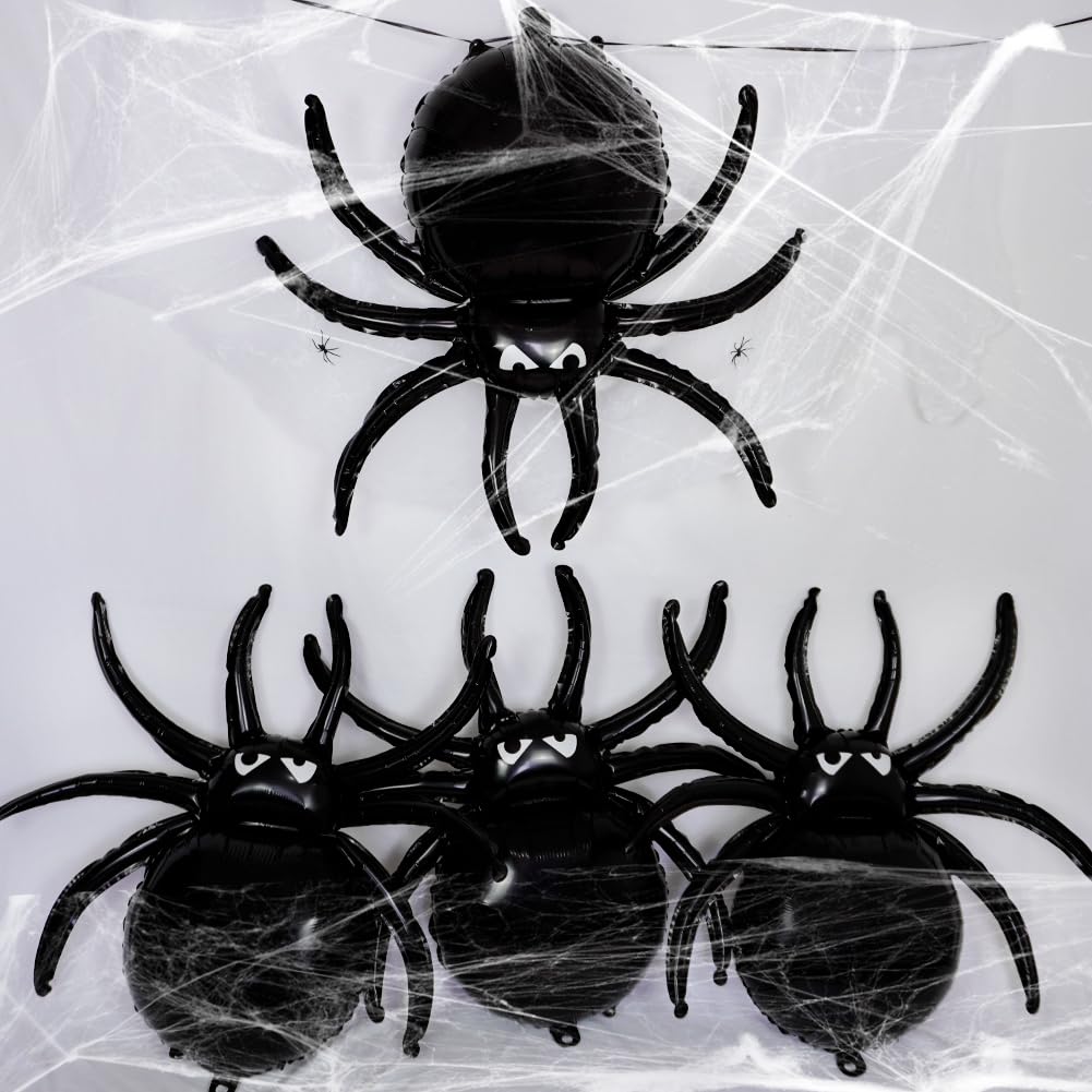 Halloween Spider and Web Decorations, Black Spider Foil Balloons 4 Pcs and 1 Pack Spider Web 0.7oz with 2 Small Fake Spiders for Halloween Party Birthday Haunted House Spooky Season Trick or Treat