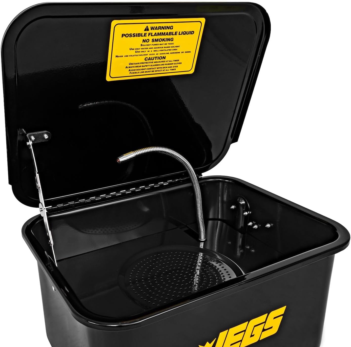 JEGS 5-Gallon Portable Parts Washer | 3.5 Gallon Solvent Capacity | 3.96 Gallon Per Minute Max Pump Output | Heavy Duty Steel | Powder Coated Black with JEGS Logo