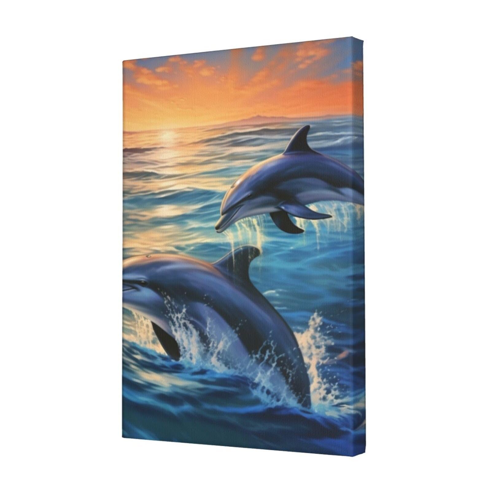 FodPand dolphins in the sea Canvas Wall Art for Living Room Wall Decor 12"x18" Modern Artwork Painting Pictures Hanging Canvas Prints Aesthetic Wall Art for Bedroom Bathroom Office Wallart Decor