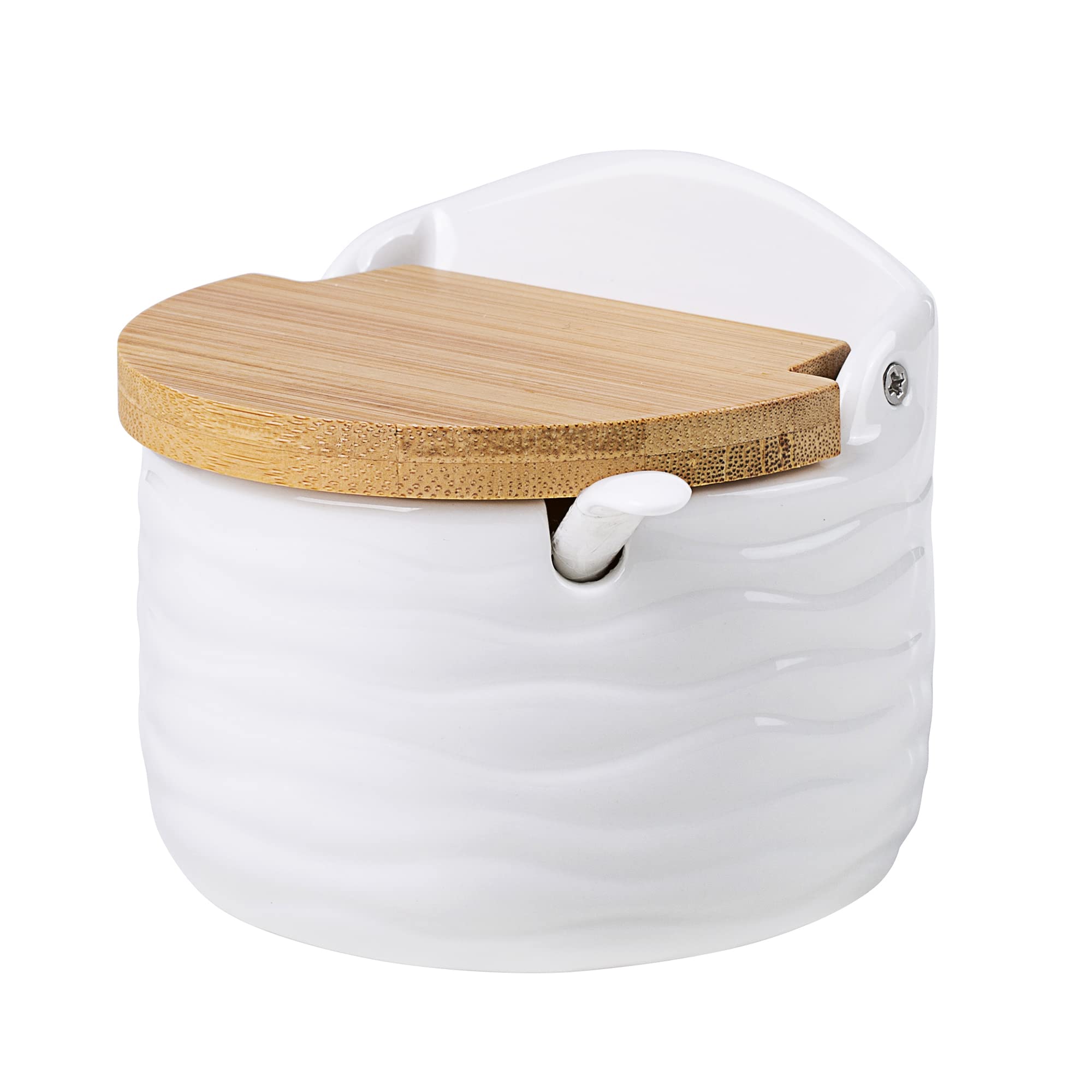 Vencier Ceramic Sugar Pot with Lid & Spoon | Sugar Bowl | Spice Containers | Salt Cellar | White Ceramic with Bamboo Lid |