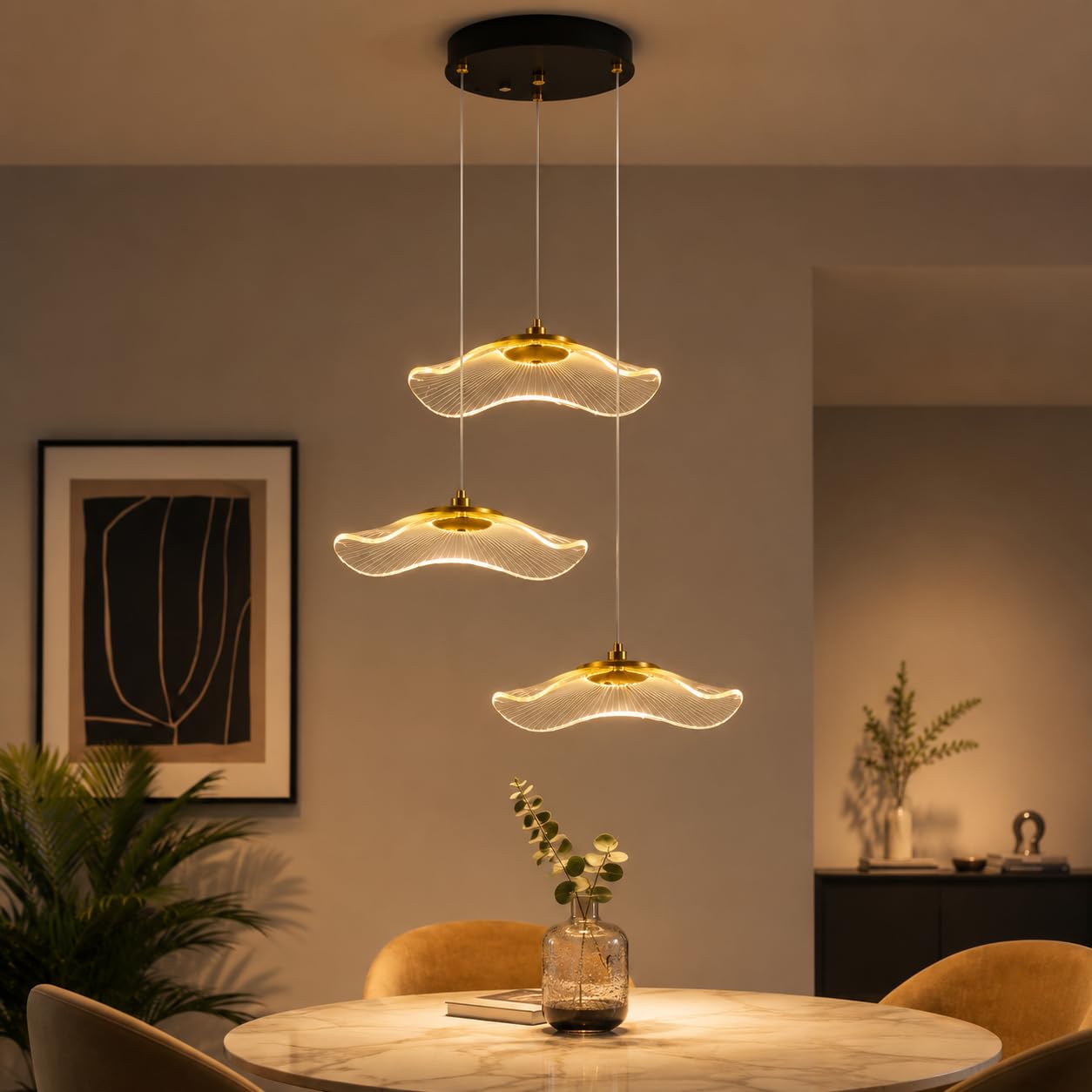 Gesto Modern 3-Light LED Pendant Light for Ceiling, Hanging Chandelier Light Fixture with 3 Color Temperature, Premium Acrylic & Gold Finish, Ceiling Light for Living Room, Dining Table, Bedroom-image-7
