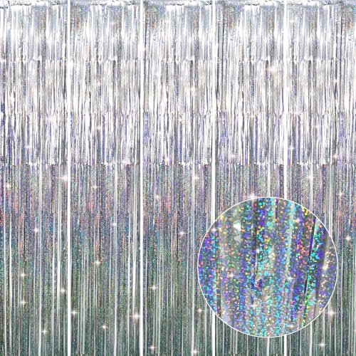 Image of GOER 3.2 ft x 8.2 ft Metallic Tinsel Foil Fringe Curtains Party Photo Backdrop Party Streamers for Birthday,Graduation,New Year Eve Decorations Wedding Decor (5 Packs,Shiny Silver)