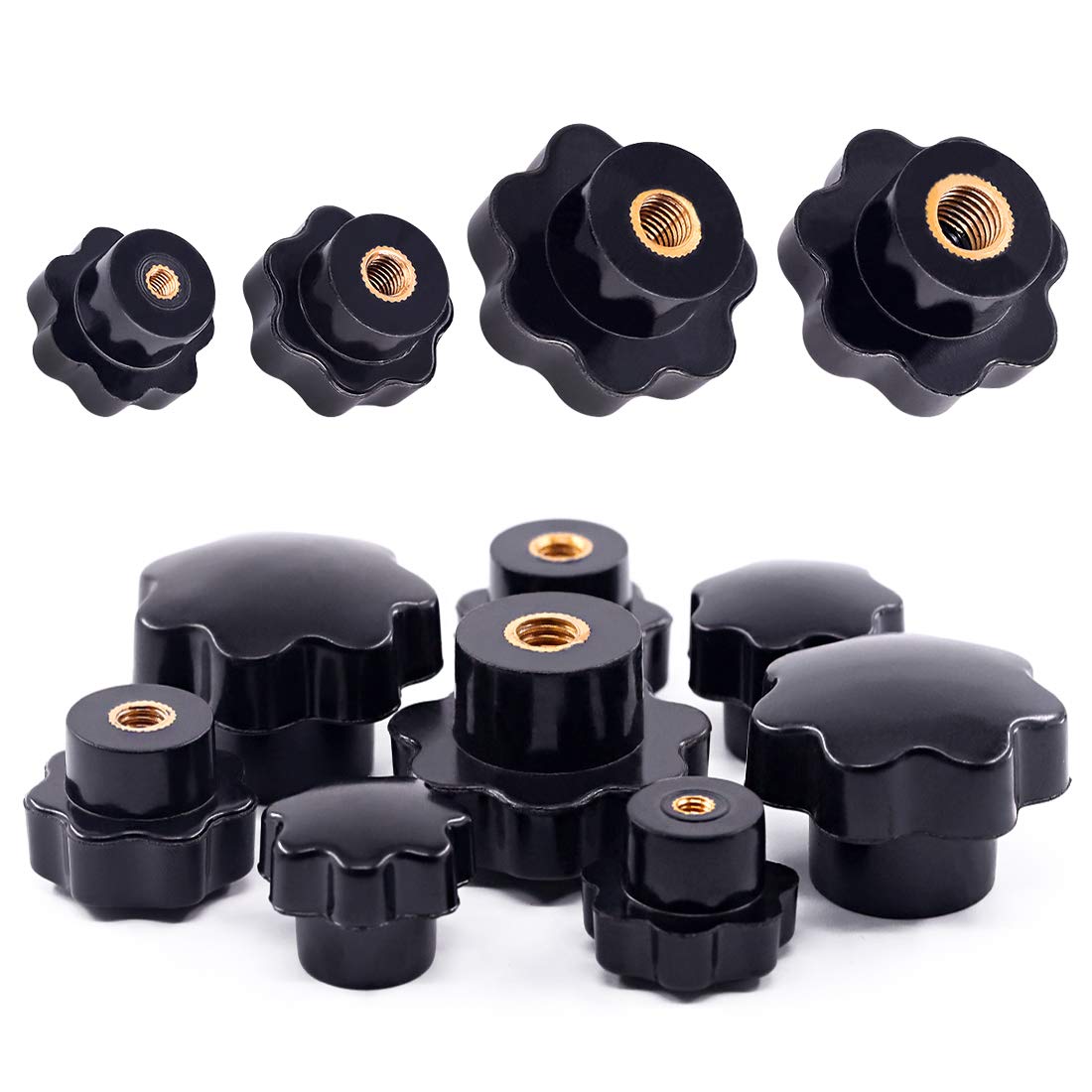 Hilitchi Black Plastic Star Knobs Assortment Kit Female Thread Knurled Clamping Handle Nuts Screw On Type w Brass Core (Assortment Kit-32PCS)