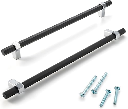 Miniatura 2 de Paquete de 1 unidad AP1310 de 10 pulgadas, barra hexagonal negra y mango cromado para gabinete de cocina, herrajes sólidos para cajones, aparadores,