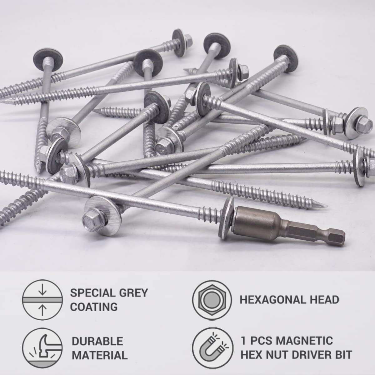 SKIR'CO (50 unidades) tornillos autorroscantes recubiertos de gris de 6,4 x 140 mm con arandelas de EPDM para paneles sándwich, cabeza hexagonal