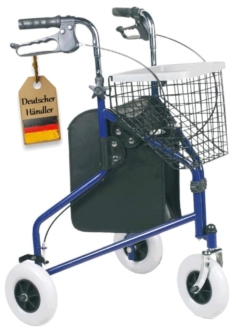 FabaCare Rollator Actimo Delta, 3-Rad-Rollator, Gehhilfe blau, Korb, Tablett, Feststellbremsen, Höhe verstellbar, Heimrollator mit 3 Rädern, bis 120 kg