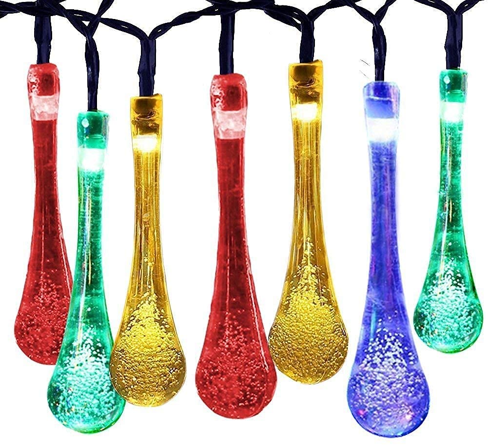 TTY LED Water Drop Light,12M 100 LED,Solar Garden Light,Water Proof 8 Modes, Waterproof Teardrop Lights for Fence, Yard, Summer Party, Wedding [Energy Class A++] (Multicolor)