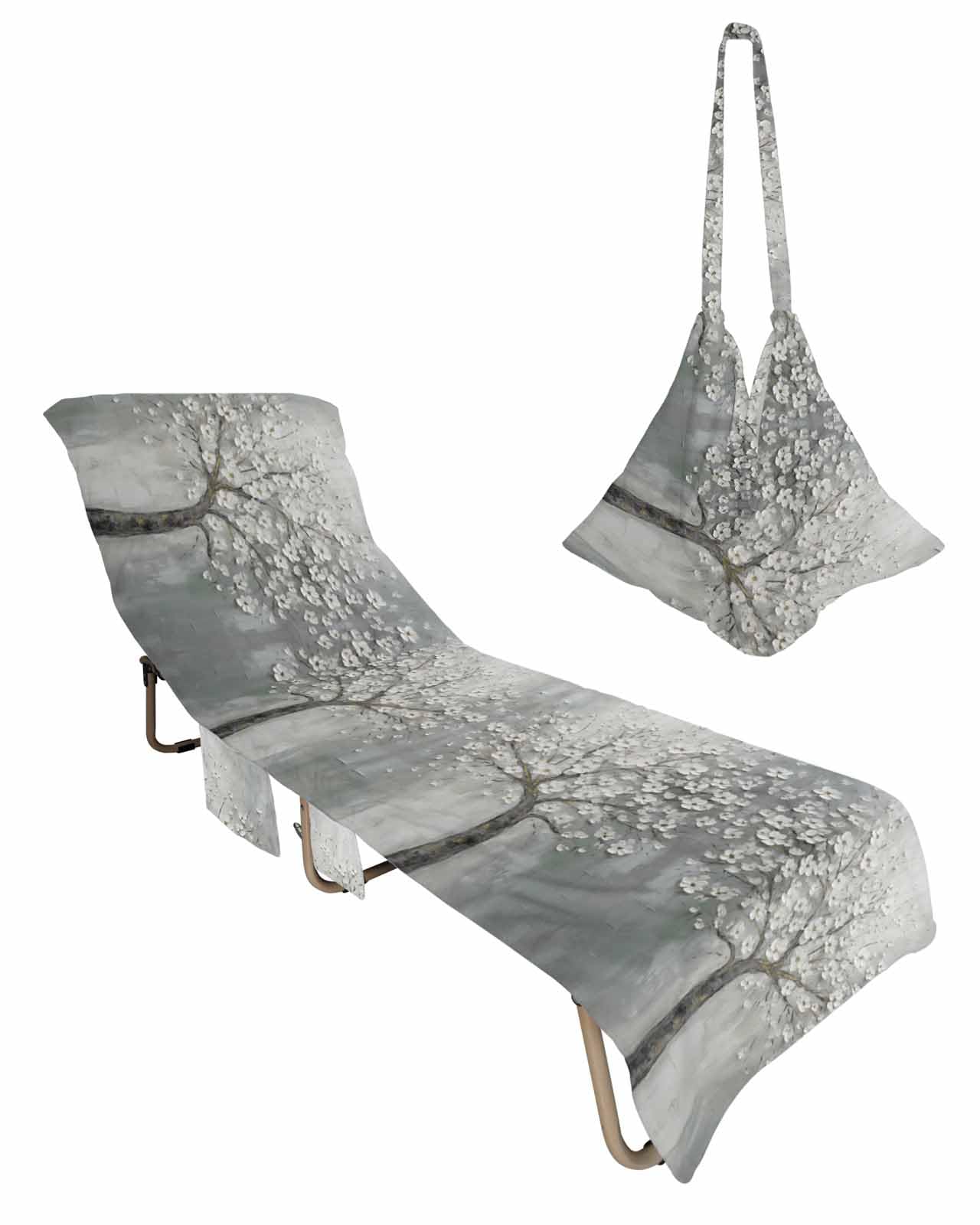 Grey Flowers Beach Lounge Chair Towel Cover, Soft Chaise Lounge Towel with Side Pockets Patio Pool Chairs Cover for Beach/Pool Sunbathing 29x85 Spring Floral Modern Oil Painting Art