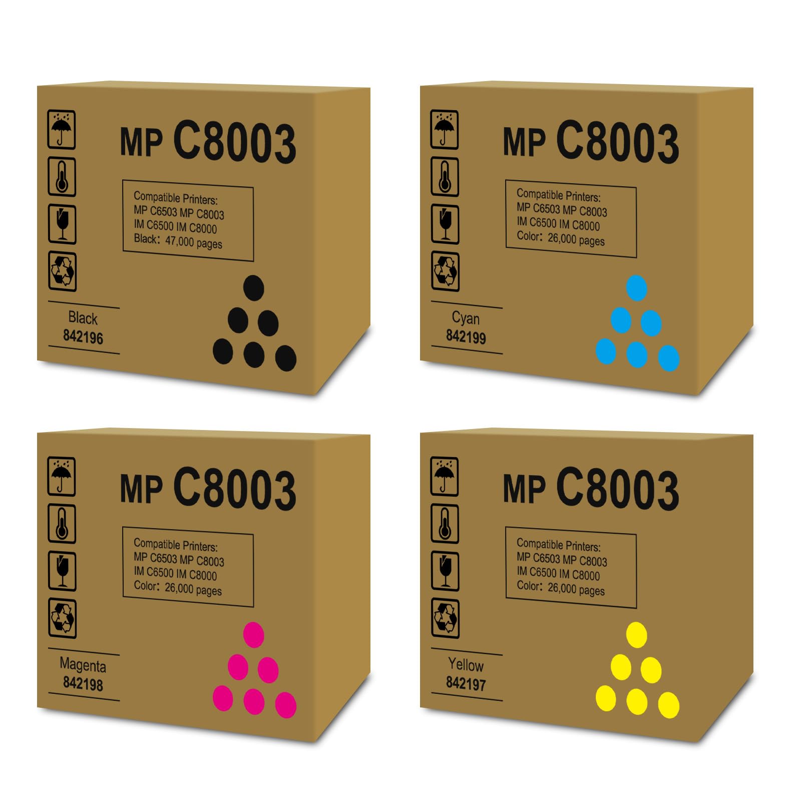 MPC8003 Black Cyan Magenta Yellow Toner Cartridge Compatible for Ricoh 842196 842197 842198 842199 Toner for Ricoh Lanier Savin MP C6503 MP C8003 IM C6500 IM C8000 Printer, 4 Pack