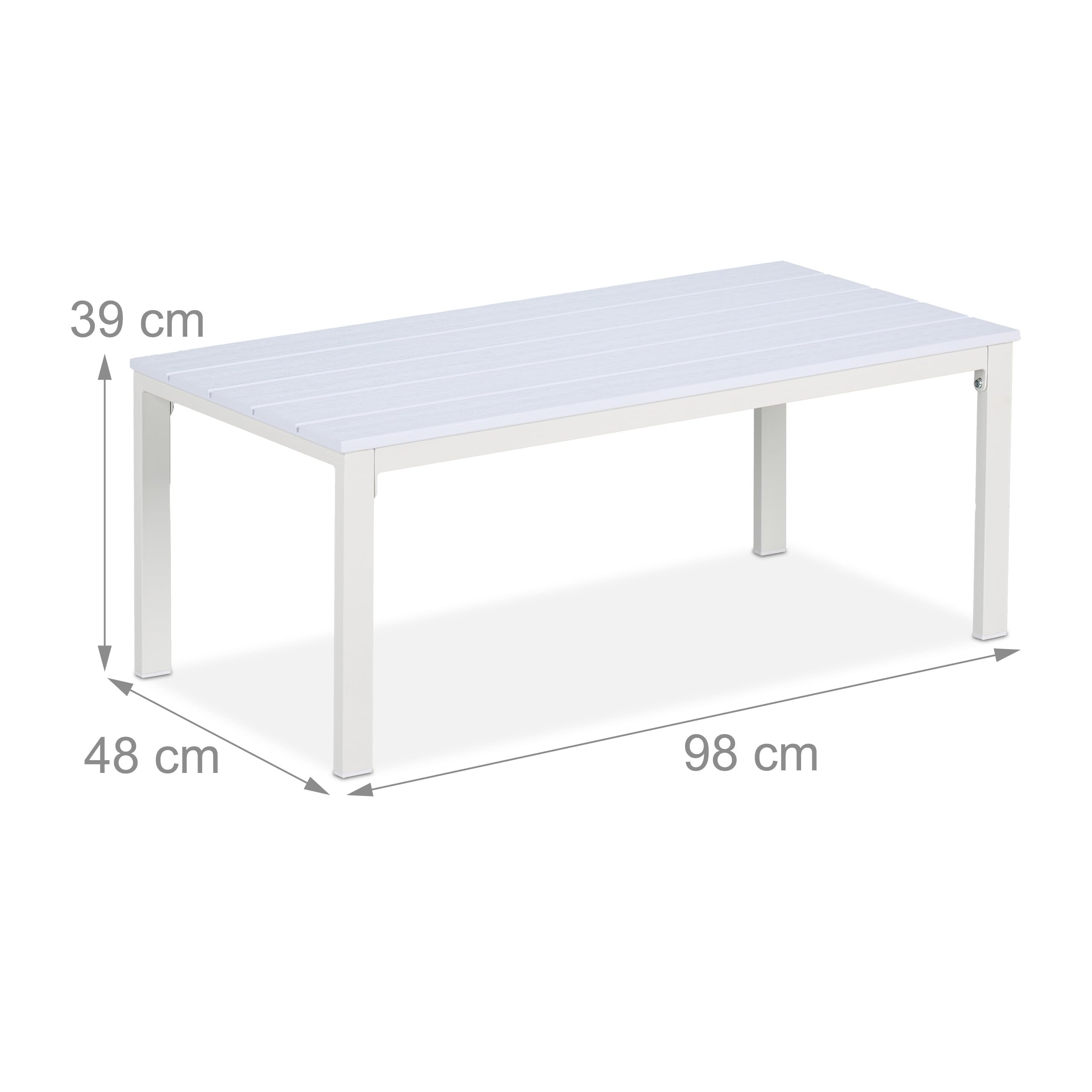 Relaxdays Mesa de Jardín, Resistente Intemperie, Efecto Madera, Terraza y Balcón, 39x98x48 cm, Mesita Exterior, Blanco