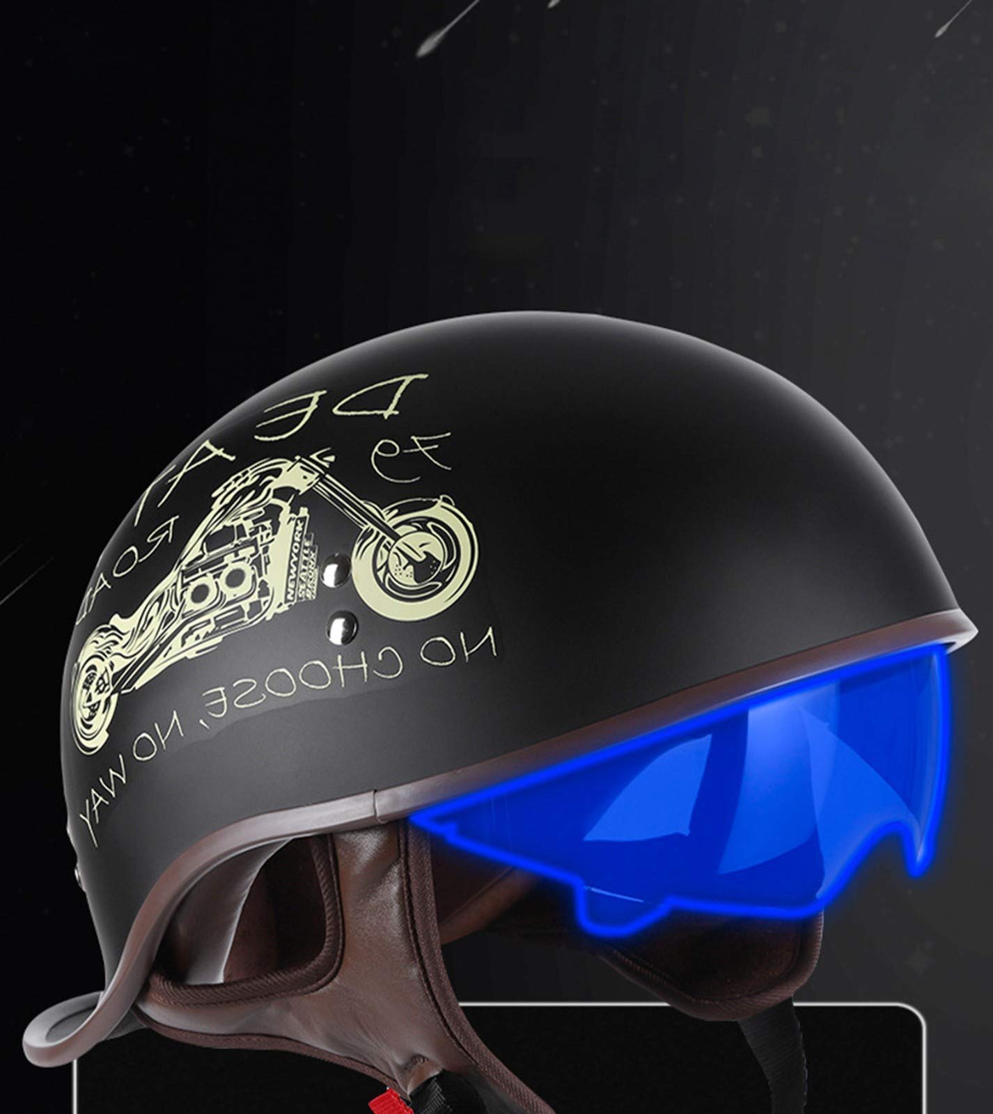 Retro Half Shell Jet Helm Motorrad Helm Brain Cap Scooter Helm Motorrad Helm mit eingebautem Visier Chopper Moped ECE Zertifizierung H,L(59-60cm)