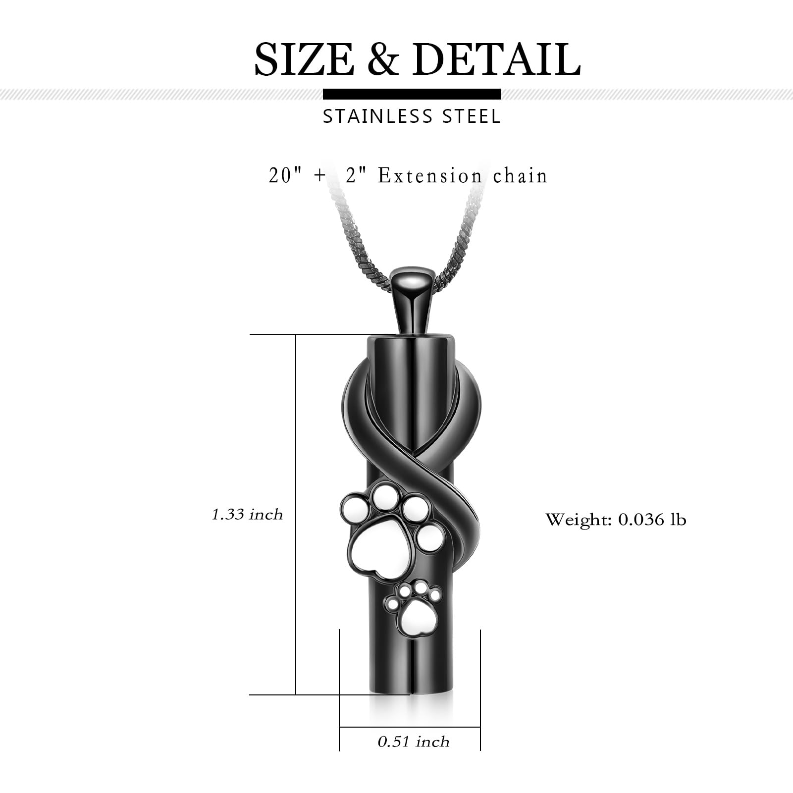 Yinplsmemory Cremation Pet Paw Cylinder Urn Necklace for Dog/Cat Ashes Stainless Steel Cat Memorial Ashes Keepsake Cremation Jewelry