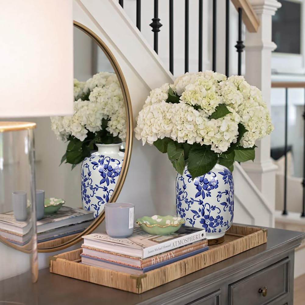 Hollyone Blue and White Porcelain Vase Large Chinoiserie Floral Vintage Tall Blue Ceramic Vases for Home Mantle Shelf Living Room Table Centerpieces Decor, 7.3 Inch