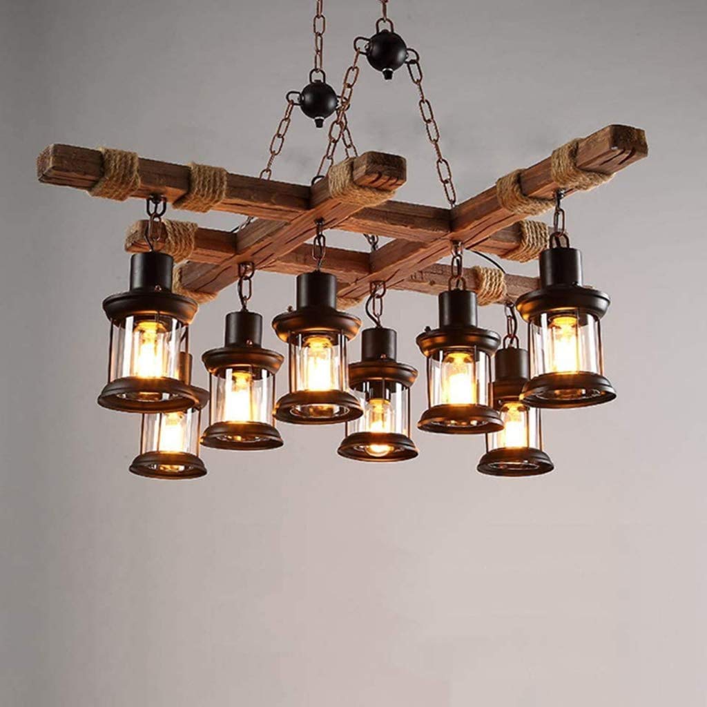 Lampa wisząca LED w stylu vintage, z drewna, rustykalna lampa wisząca w stylu retro, szkło, E27, z regulacją wysokości, do kuchni, salonu, biura, kawiarni, lampa sufitowa, 8 x E27