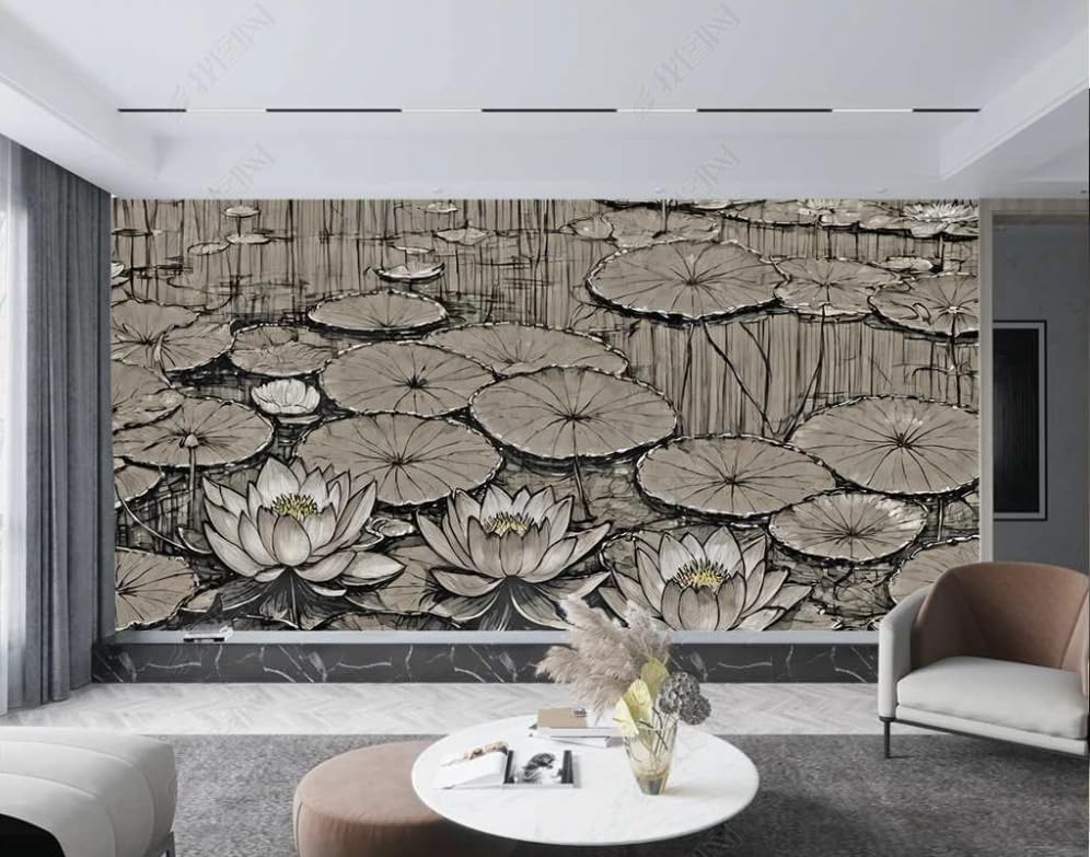 Papier peint panoramique lotus au fusain 350x256 cm pour mur de salon