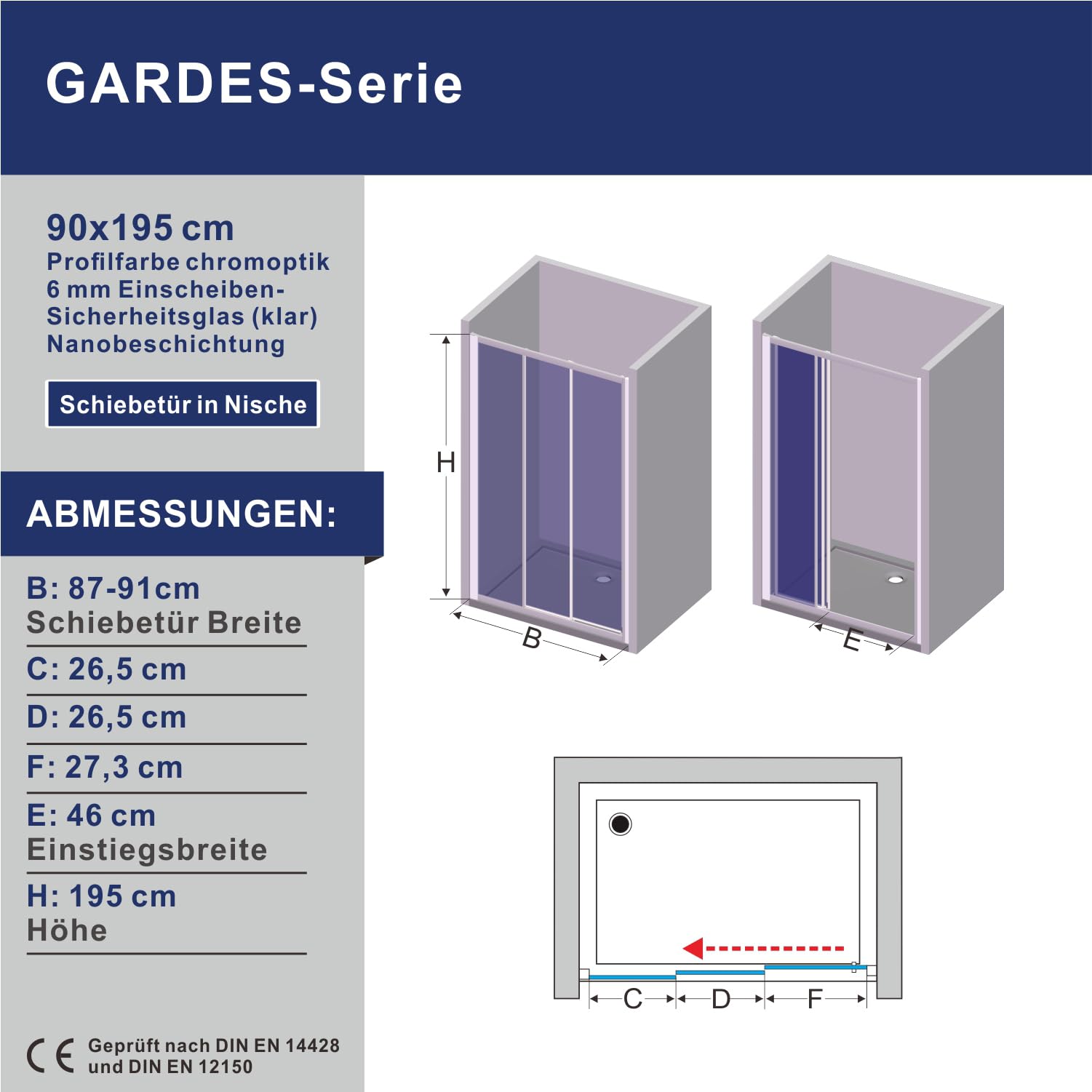 Duschwand Schiebetür Glas für Nische Gleittür 3 teilig Duschschiebetür 90cm Nischentür Dusche Höhe 195 cm aus 6 mm ESG-Sicherheitsglas Klarglas inkl. Nano-Beschichtung rechts-und links Montage