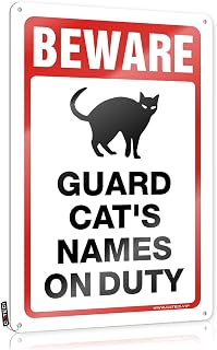 Custom "Beware! Guard Cat On Duty 8x12in– Your Cat's Name" Metal Sign – Personalized Funny Warning for Home, Yard, Fence – Unique Gift for Cat Lovers