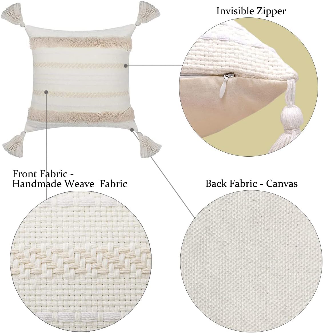 Boho Decorative Throw Pillow Covers - Cotton Hand-Woven Tufted Cushion Covers Pillow Sham with Tassels Neutral Accent for Bedroom Farmhouse Decor Couch Sofa Car, 20x20 inches