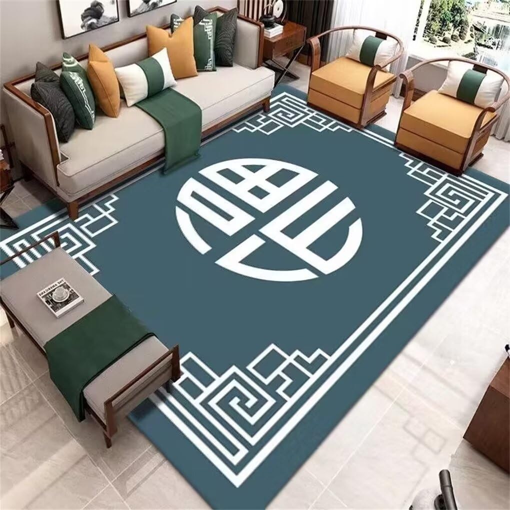 Tapis salon doux bleu 180x230 confortable au motif oriental imprimé