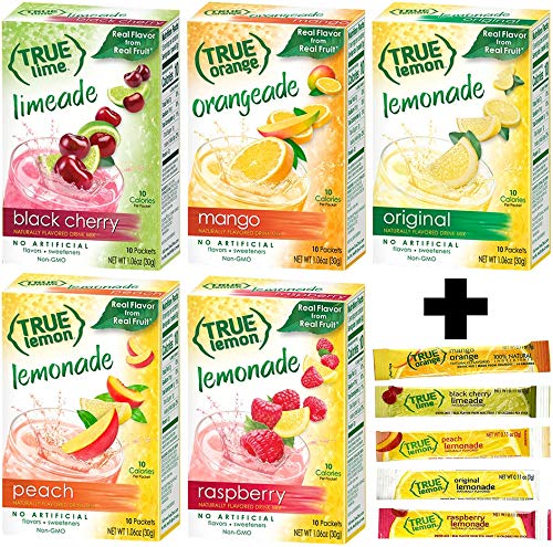 True Lemon Assorted Beverage Pack: (5boxes 10ct each) with 5 FREE BONUS Sticks of Lemonade! True Lemon Original Lemonade, True Peach Lemonade, True Black Cherry Limeade, True Mango Orange and True Raspberry Lemonade. Assorted True Lemonade Drink Mixe