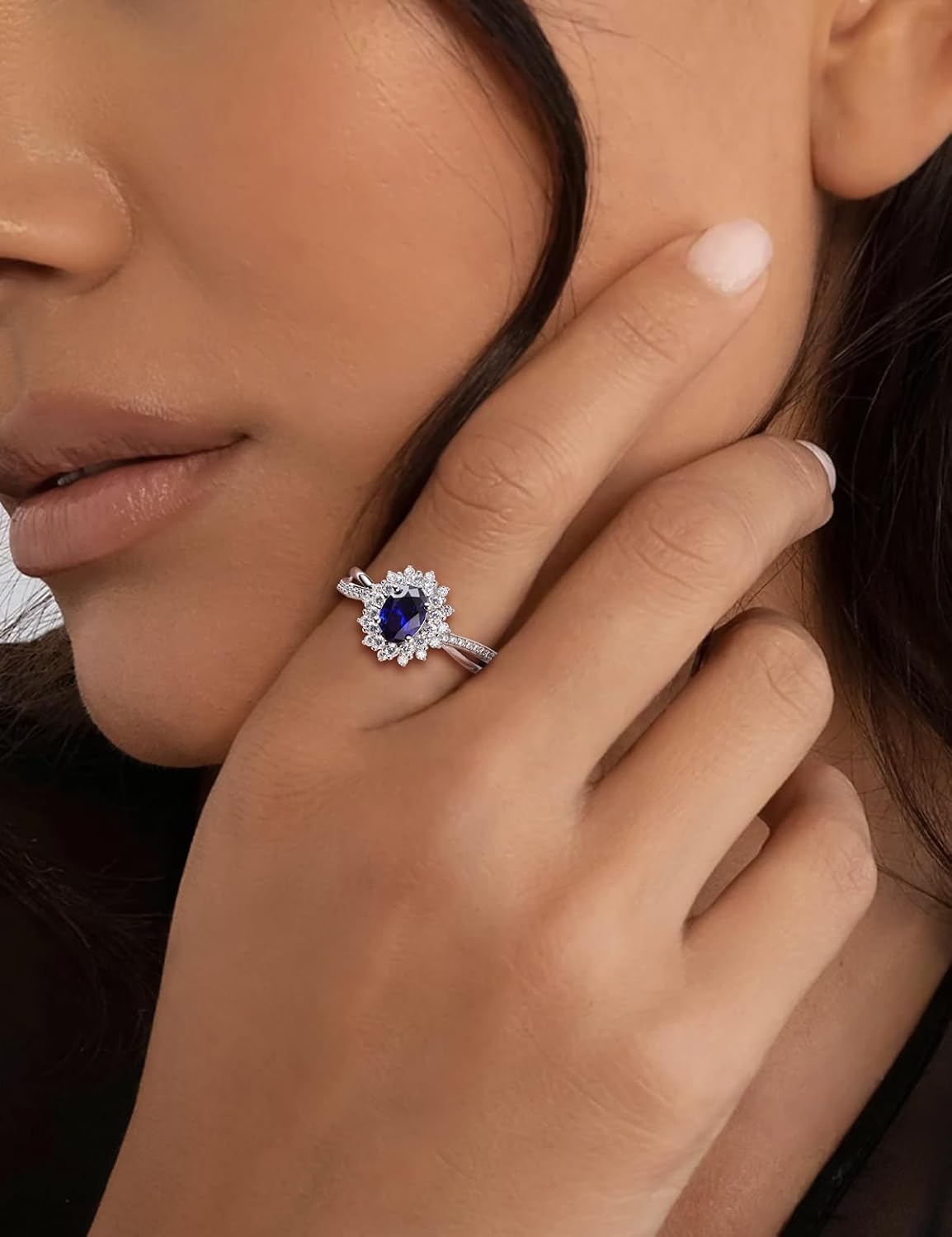Oval Engagement Ring Sterling Silver/14K Gold Plated Sapphire/Emerald/Ruby/Aquamarine 2 Cttw Gemstone Halo Rings Split Shank Statement Rings for Women Size 6-10