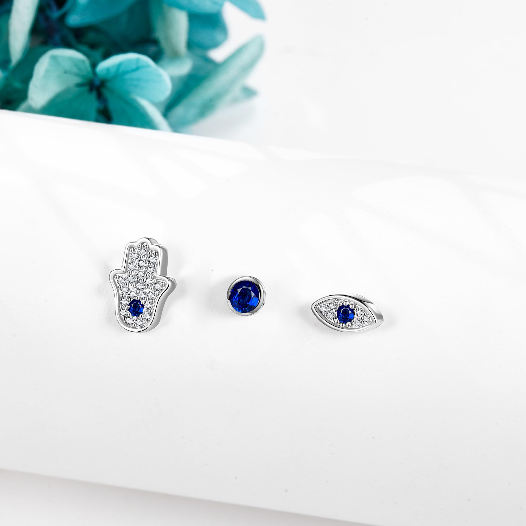 Pendientes de mal de ojo Plata 925 Nazar Eye Studs Cierre plano Mano de Fátima Flatback Studs Evil Eye Jewelry
