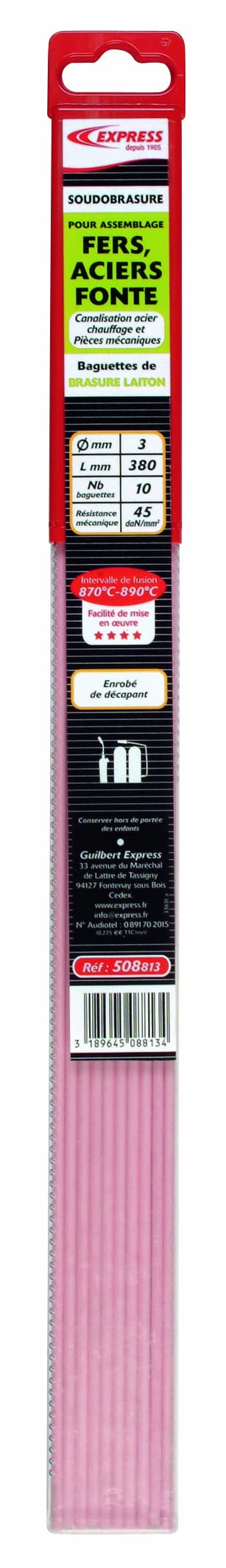 Express, 508813, Brasure Laiton Enrobée de Décapant, diamètre 3 mm, L 380 mm, 10 Baguettes à Souder pour Brasure Canalisation Acier, Chauffage et Pièces Mécaniques, Soudure à Froid