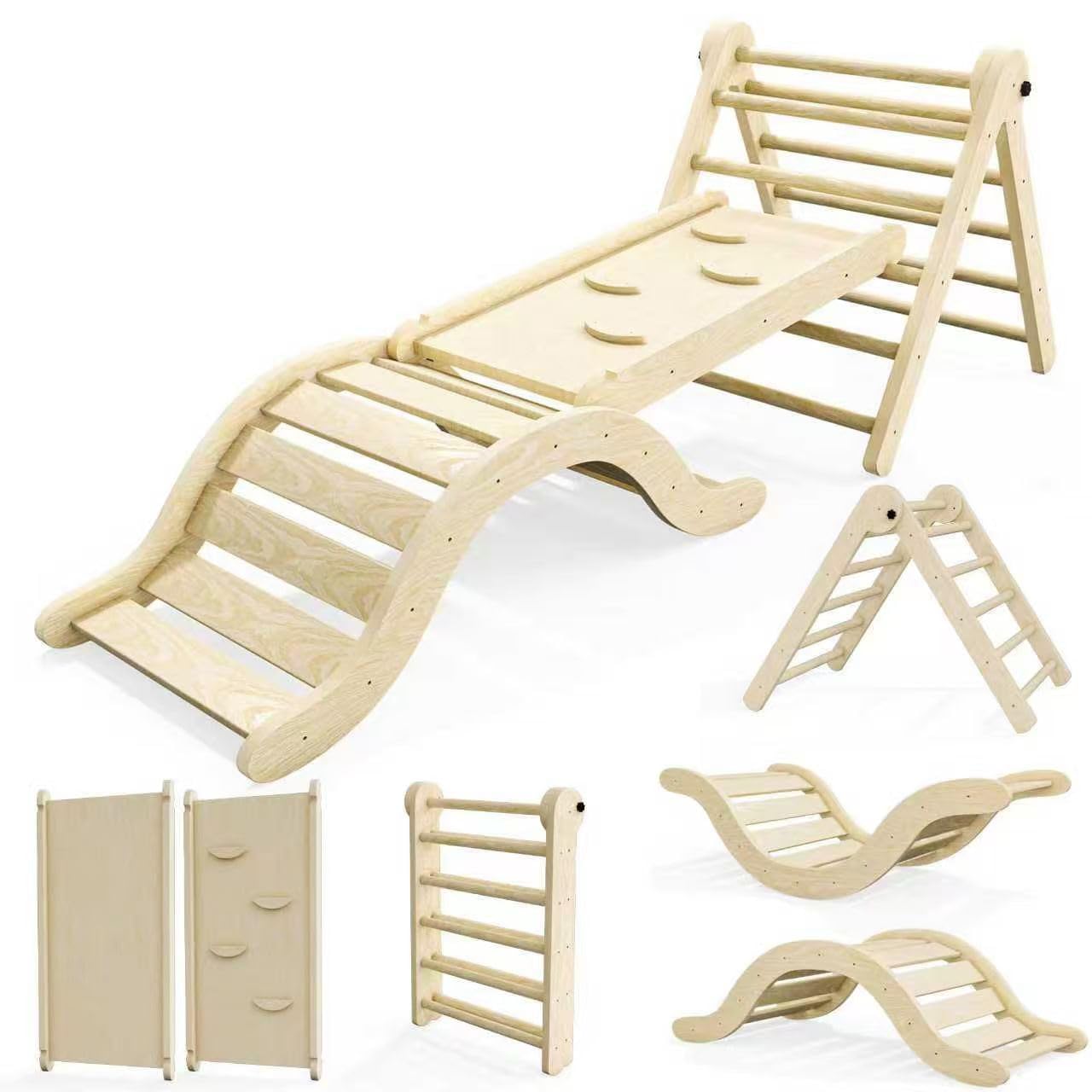 bbgroundgrm Pikler Triangle Set Climber 5 in 1, Toddler Climbing Toys Indoor Folding with Ramp & Arch for Montessori Play Gym for Toddlers and Kids 1-3