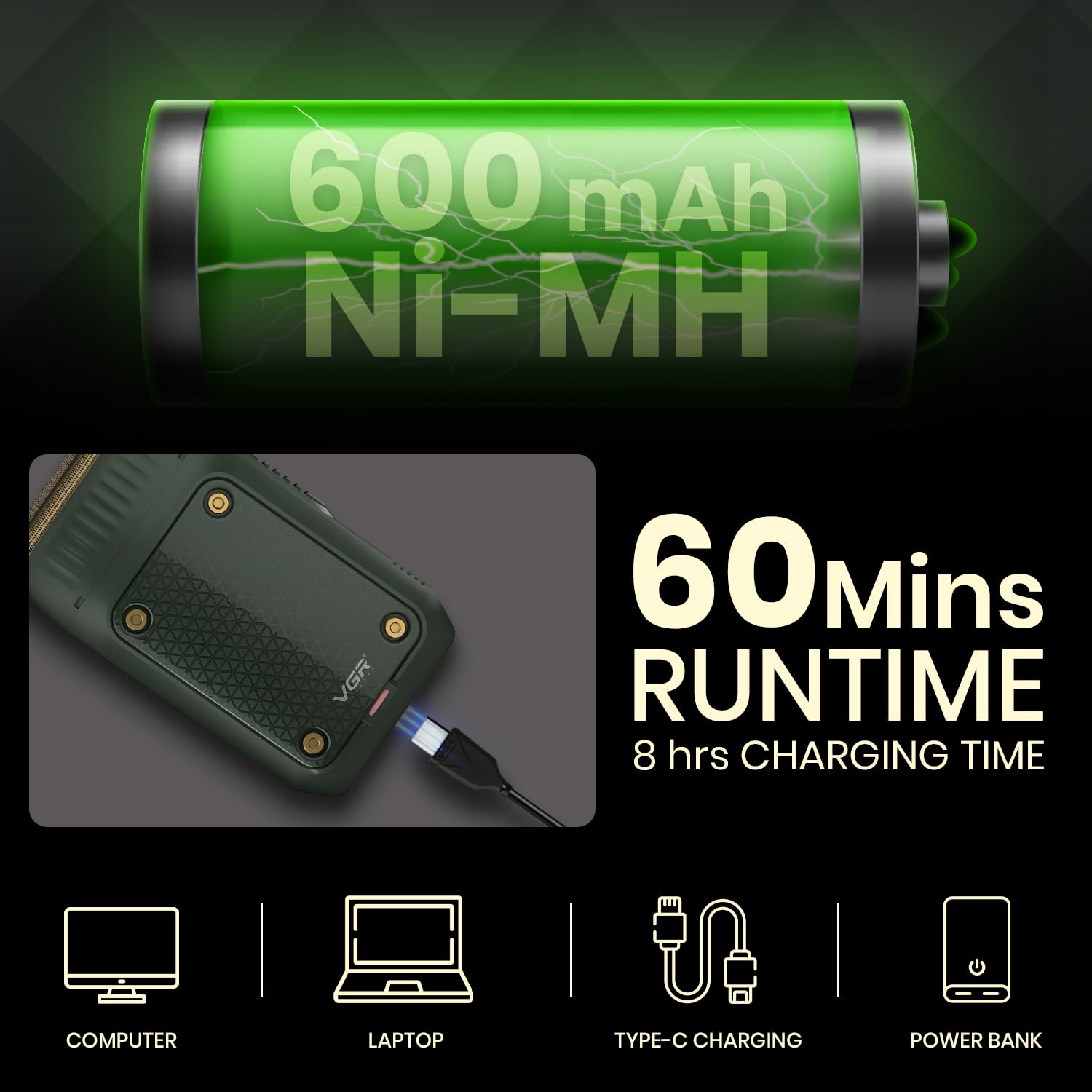 Image showing the VGR V-353 shaver connected to a USB charging cable, with icons for computer, laptop, Type-C charging, and power bank, indicating its versatile charging options. Battery icon shows 600mAh Ni-MH and 60 minutes runtime with 8 hours charging time.