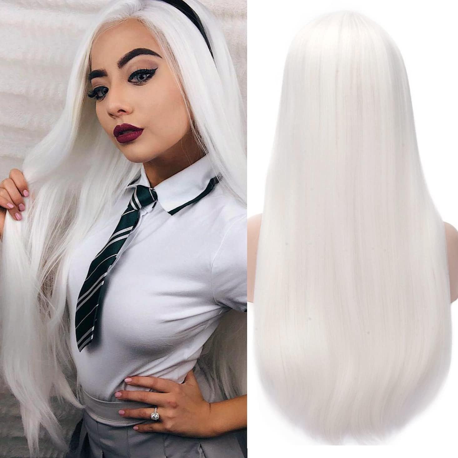 PORSMEER Long Straight White Hair Costume Cosplay Halloween Wig,with Wig Cap, Natural Looking Synthetic Wig 26inch