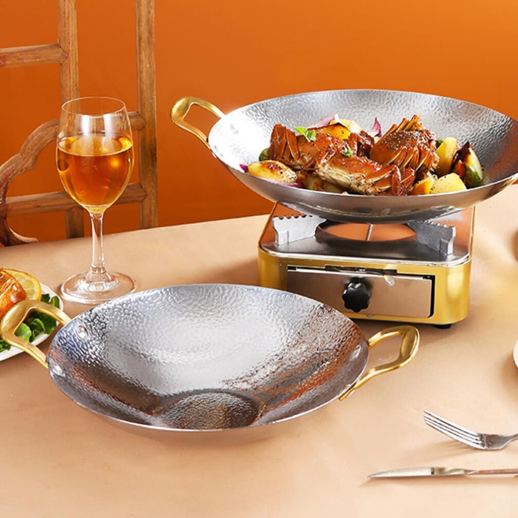 Kichvoe Hammer Texture Dry Pot 11.81 Inch Double Handle Cooking Pan Lightweight Stainless Steel Kitchen Cookware for Korean Bbq and Hot Pot