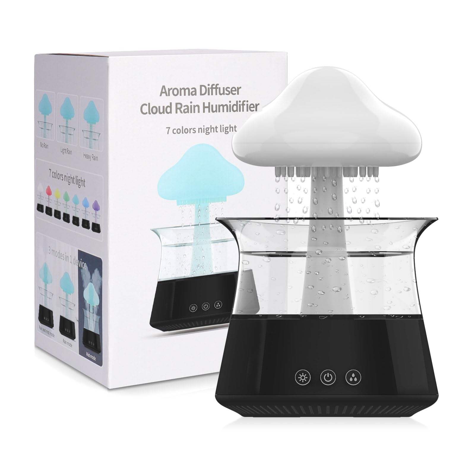 Cloud Rain Humidifiers for Bedroom & Large Room - Essential Oil Diffuser with 7 Colors LED Lights - Whole House Coverage-Auto Shut-Off-It Can Work for Up to 8-10 Days with Full Water (Black)