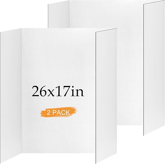 2 Pack Small Trifold Poster Board 26 x 17, White Corrugated Project Boards for Science Fairs, School Projects and Event Displays