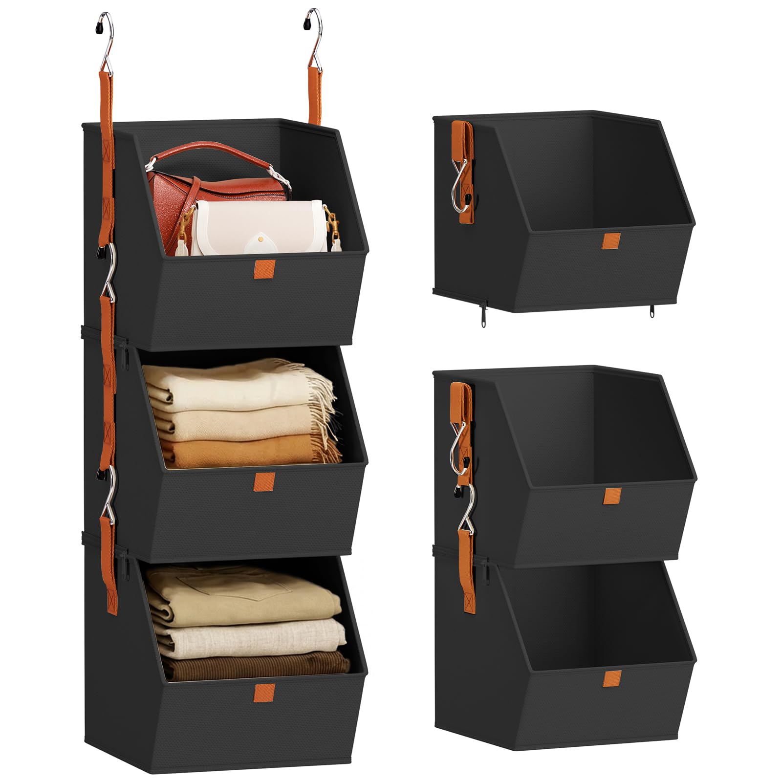 Homsorout Collapsible Hanging Closet Organizer - 3 Tier Closet Shelves Storage System with Hooks, Fabric Hanging Storage Bins for Clothes, Foldable Storage Basket for Laundry, Bedroom, Rv, Black