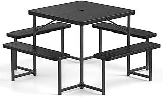 LDAILY 8 Person Picnic Tables with Benches, Square Camping Table Set for Outside with Umbrella Hole, HDPE Tabletop, Metal Frame, Heavy Duty Picnic Table for Outdoors, Patio, Lawn, Commercial (Black)