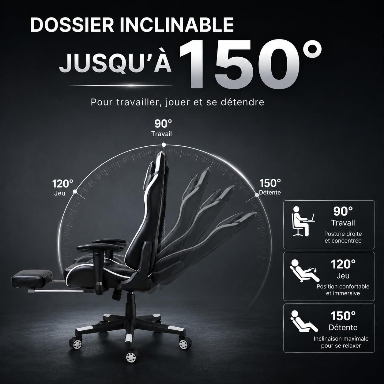 Chaise Gaming pour Adultes, Chaise Bureau Gaming, Chaise de Bureau Ergonomique avec Repose-Lombaire, Appuie-Tête, Repose-Pieds et Rotation 360° (Noir)
