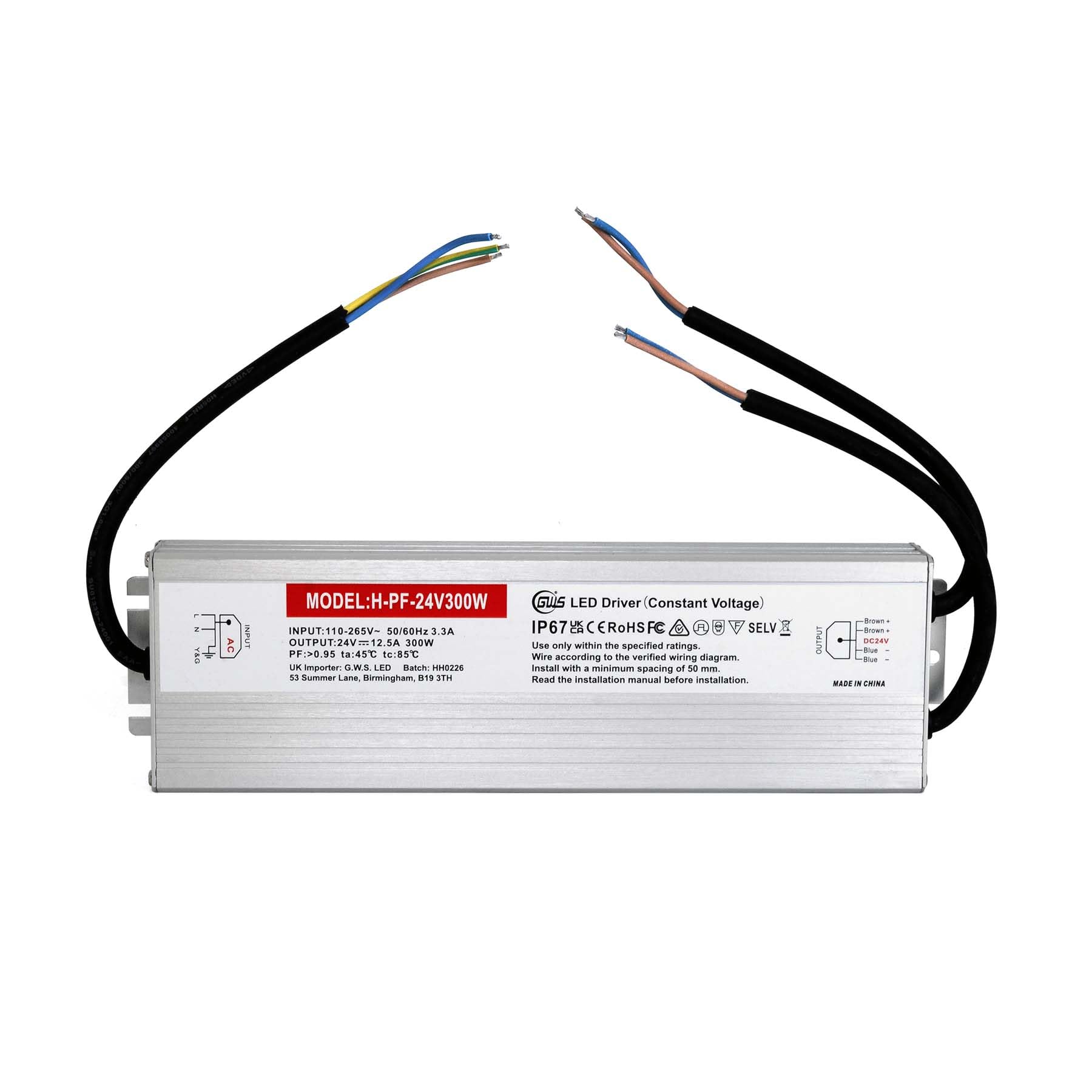G.W.S® LED Driver Transformer Power Supply, Output DC24V 12.5A 300W, Input AC200-240V, IP67 Waterproof For Indoor & Outdoor Use