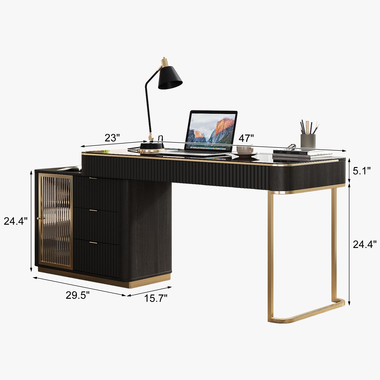Lartis Scrivania da ufficio, molto facile da montare, scrivania per computer, scrivania telescopica per casa, moderna scrivania per computer con armadio retrattile luci LED integrate (nero marrone