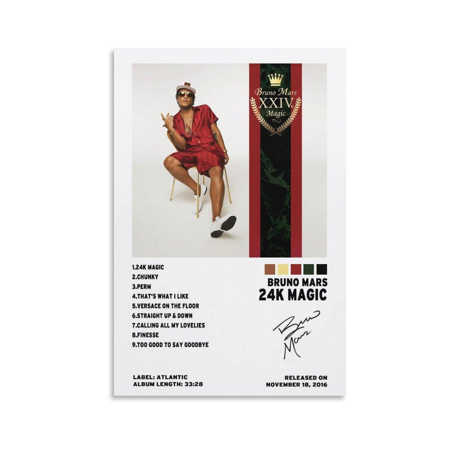SPPMFPJD Bruno Mars 24K Magic Music Album Signed Poster Canvas Poster Wall Art Decor Print Picture Paintings for Living Room Bedroom Decoration 12x18inch(30x45cm)